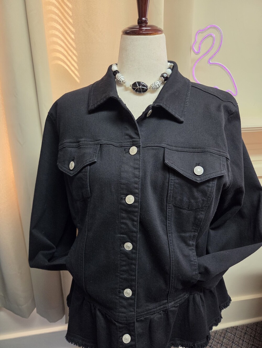 Chico's Black Button-Front Denim Jacket with Peplum Hem Size XL